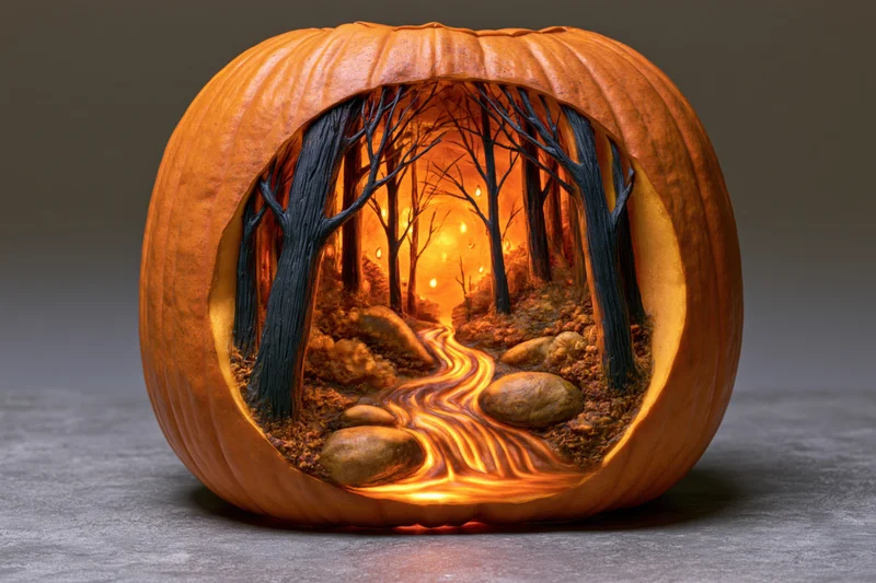 Carved pumpkin with illuminated forest scene inside, showing a glowing path through trees and rocks