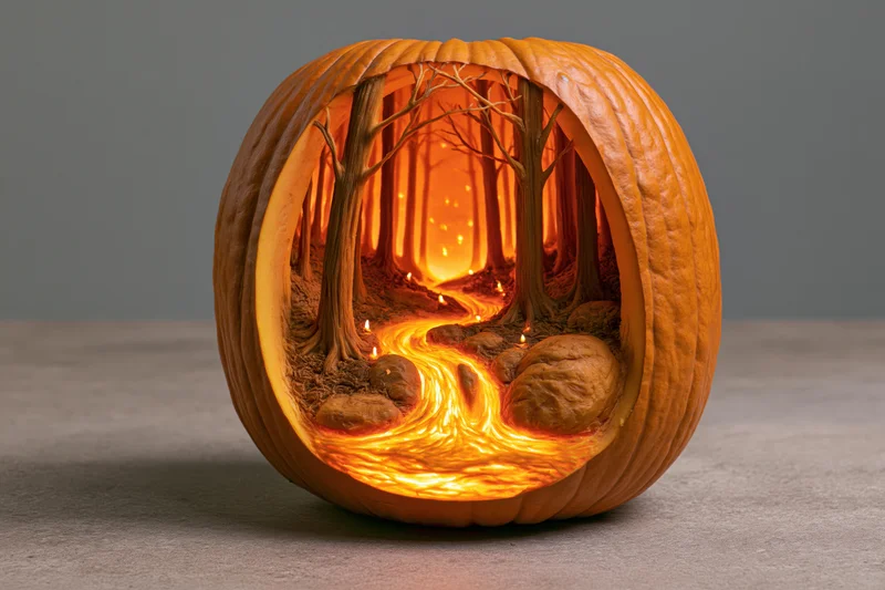 Carved pumpkin with illuminated forest scene inside, displayed on gray surface