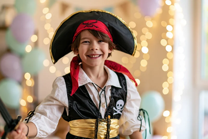 Young boy in pirate costume smiling at camera during indoor party with balloons and string lights