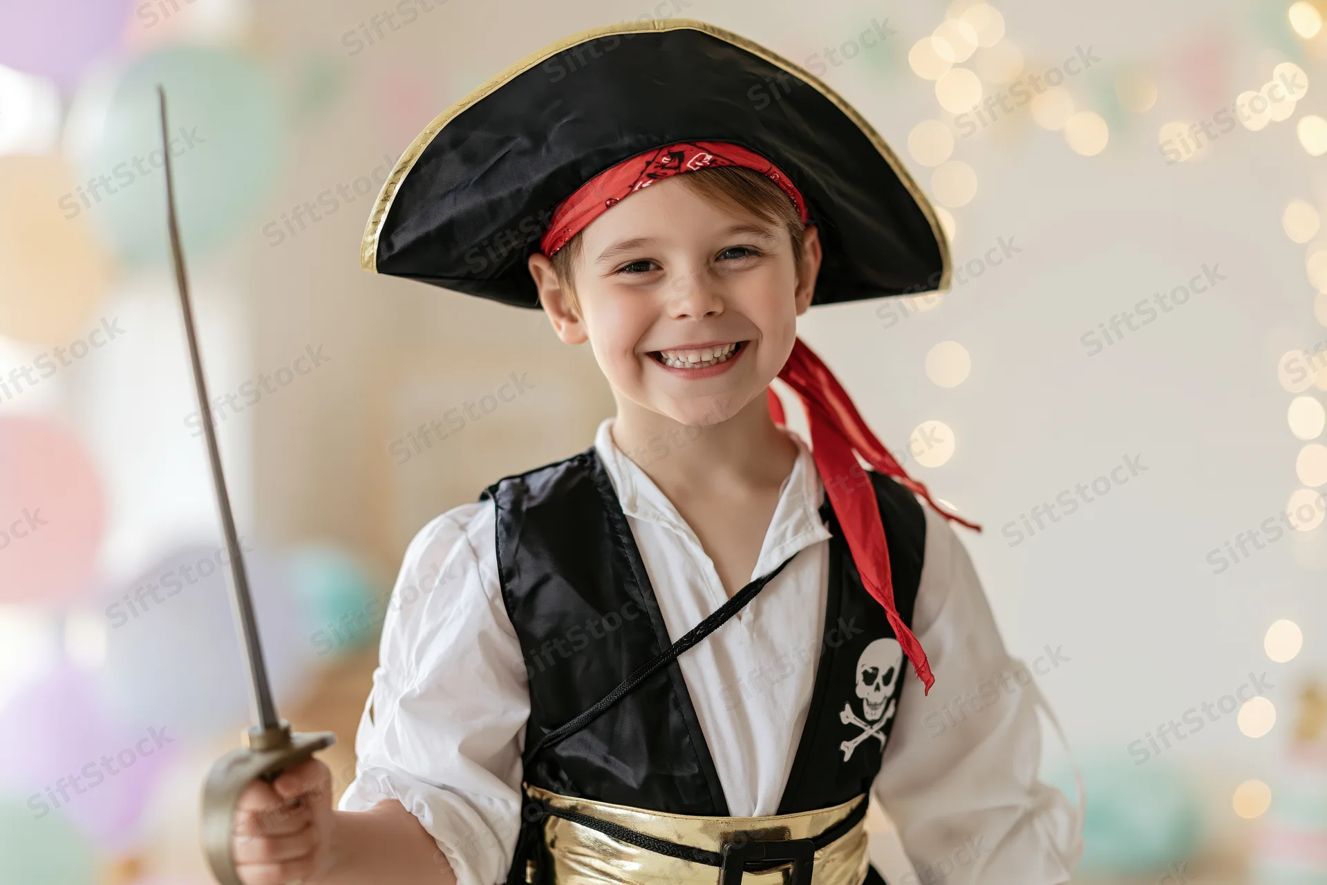 Child in pirate costume holding sword and smiling at camera during party