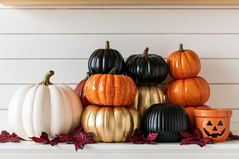 Decorative pumpkins and gourds arranged on a white mantel with autumn leaves