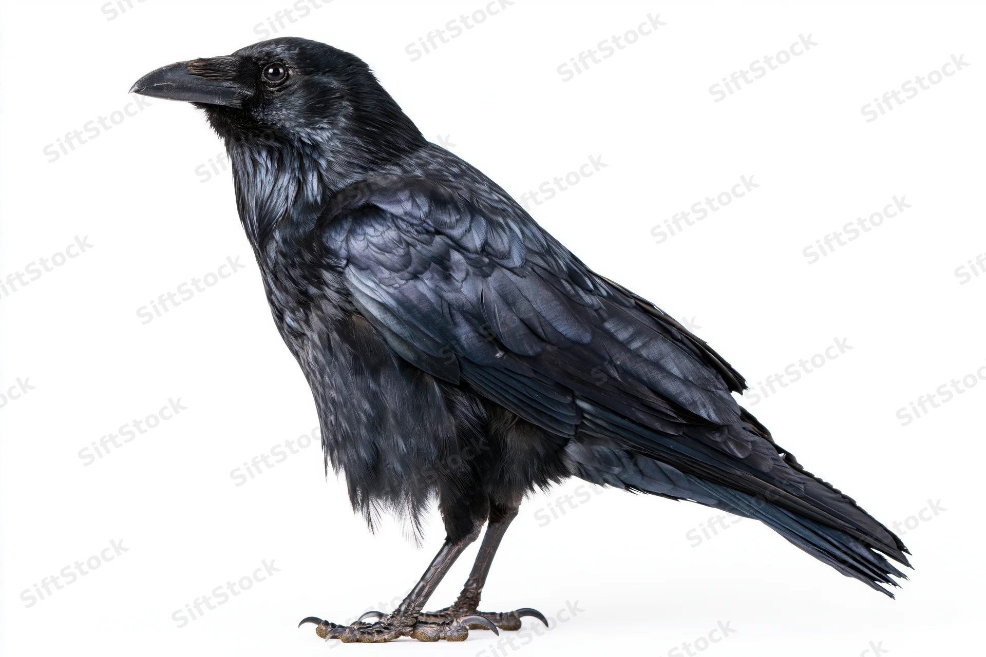 Black crow standing in side profile against white background