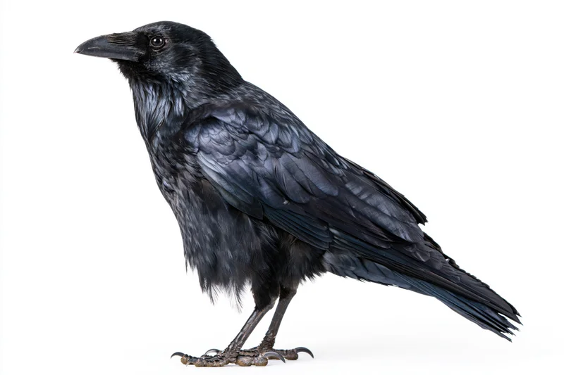 Black crow standing in side profile against white background