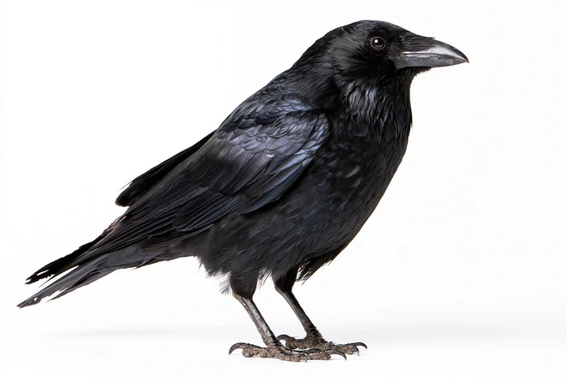 Black crow standing in side profile against white background