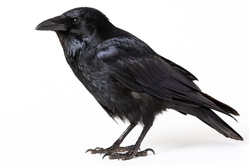 Black crow standing in side profile against white background