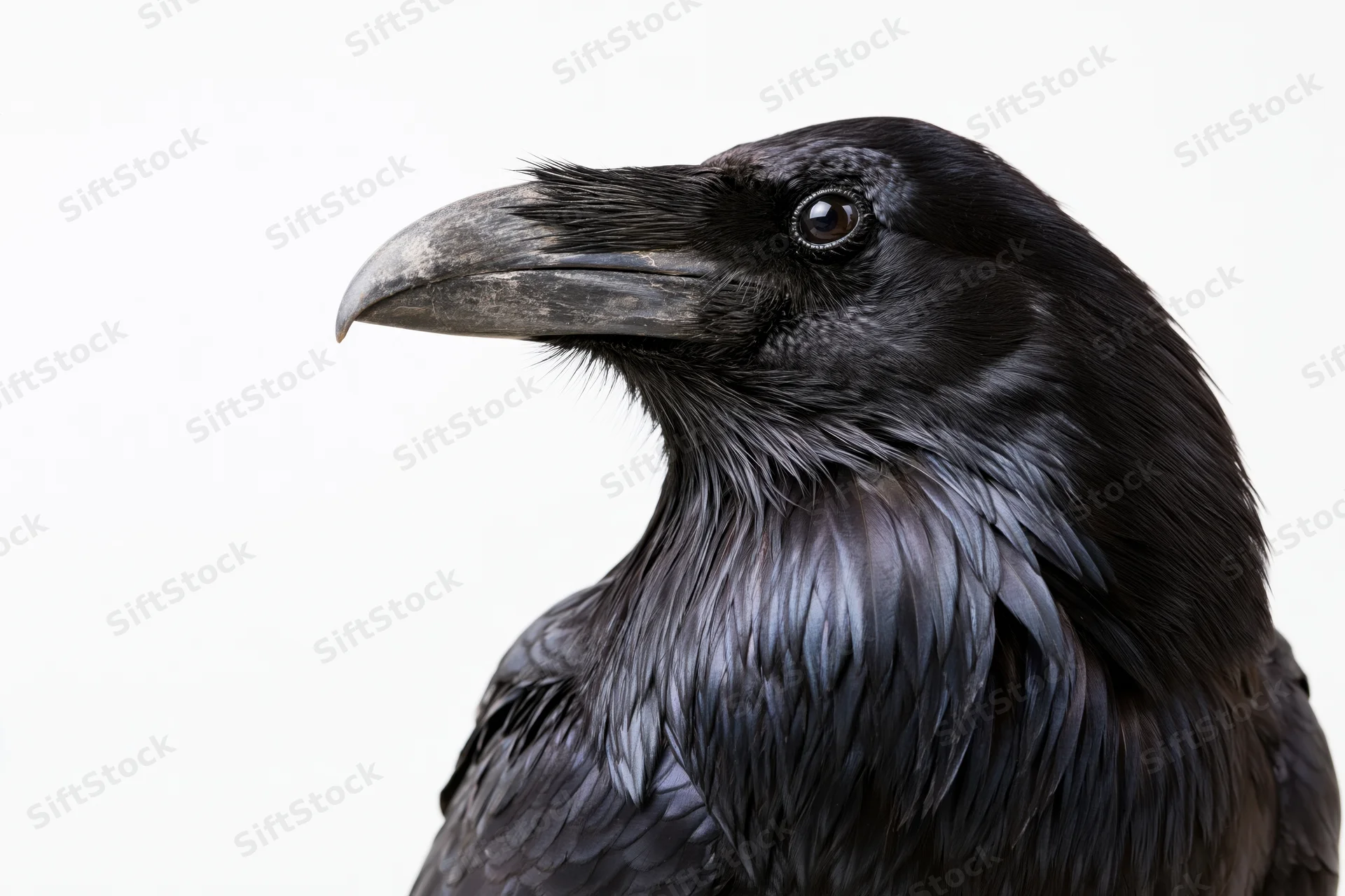 Close-up portrait of a raven facing slightly left against white background