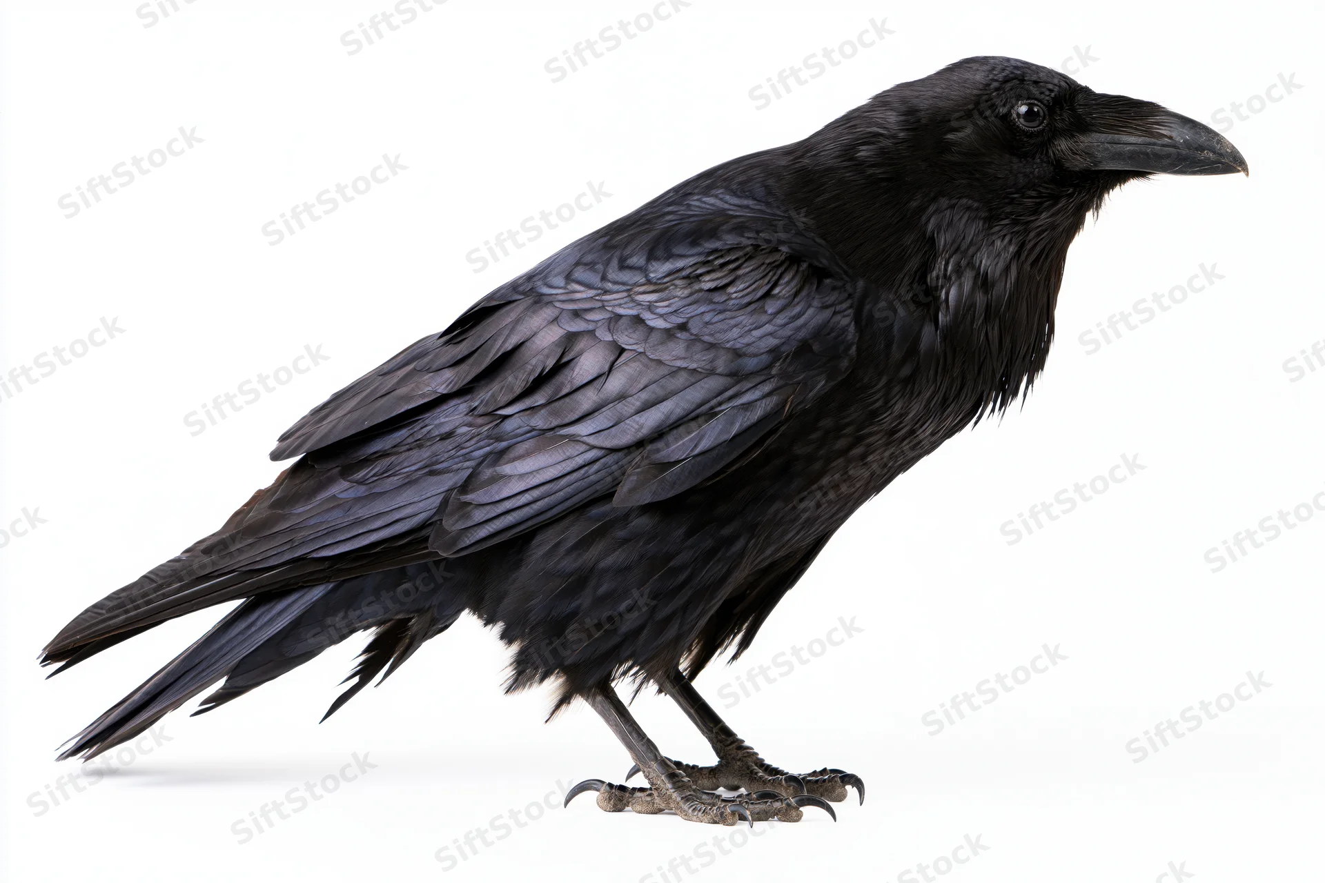 Common raven standing in profile view isolated on white background