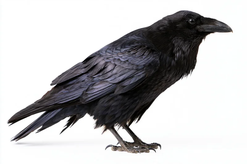 Common raven standing in profile view isolated on white background