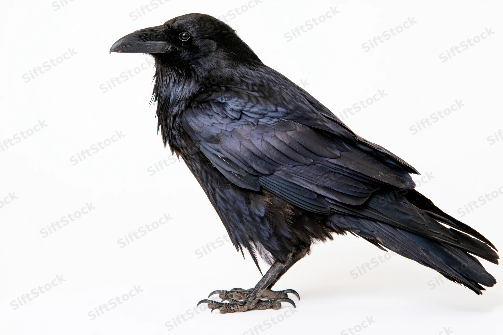 Raven perched in profile view isolated on white background