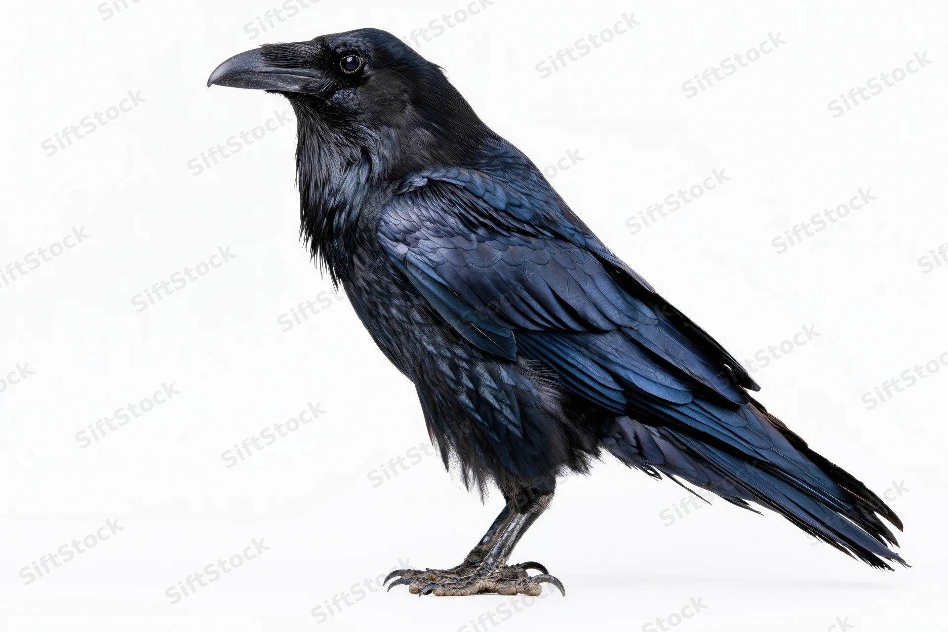 Raven perched upright in profile view isolated on white background