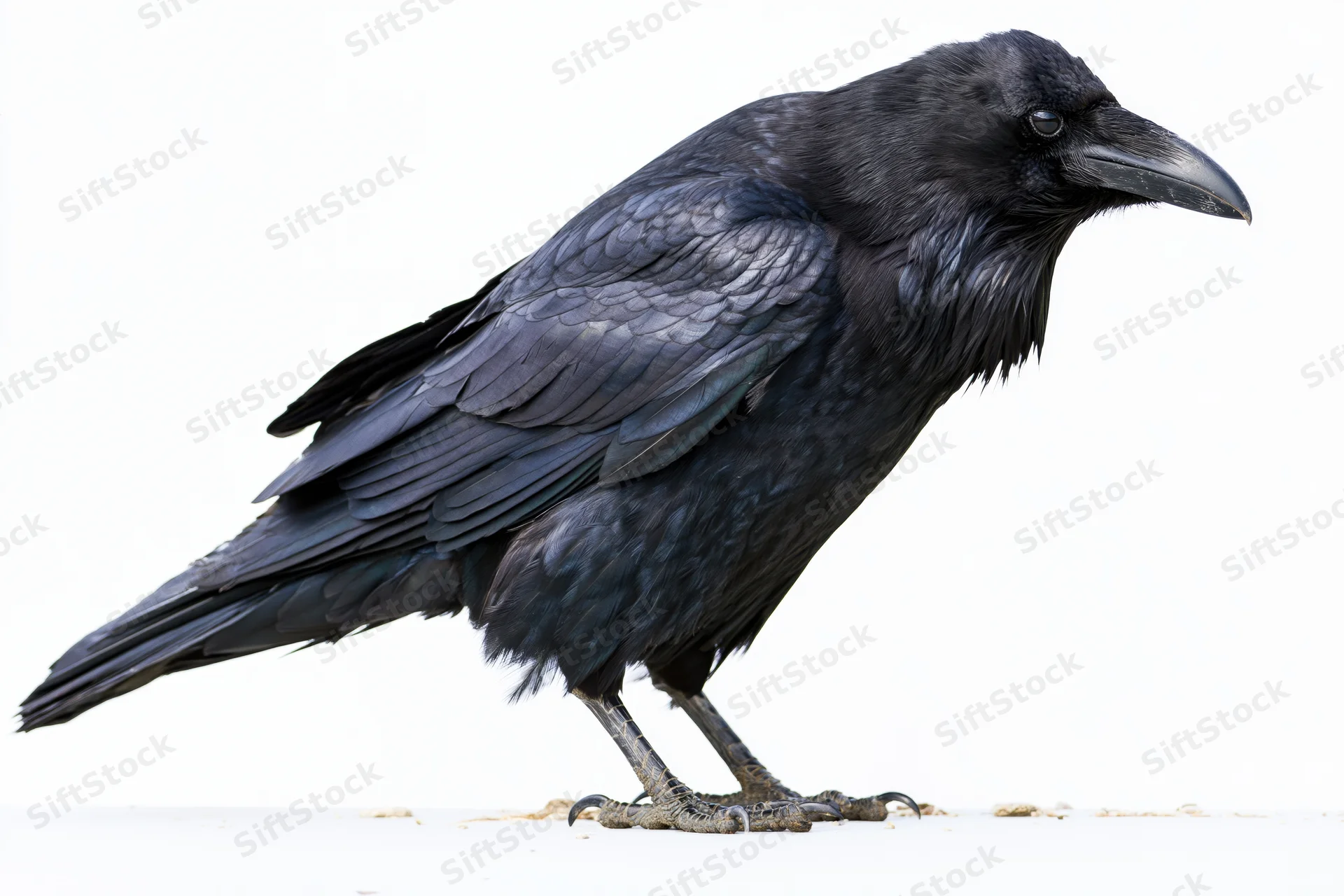 Common raven standing in profile view on white background