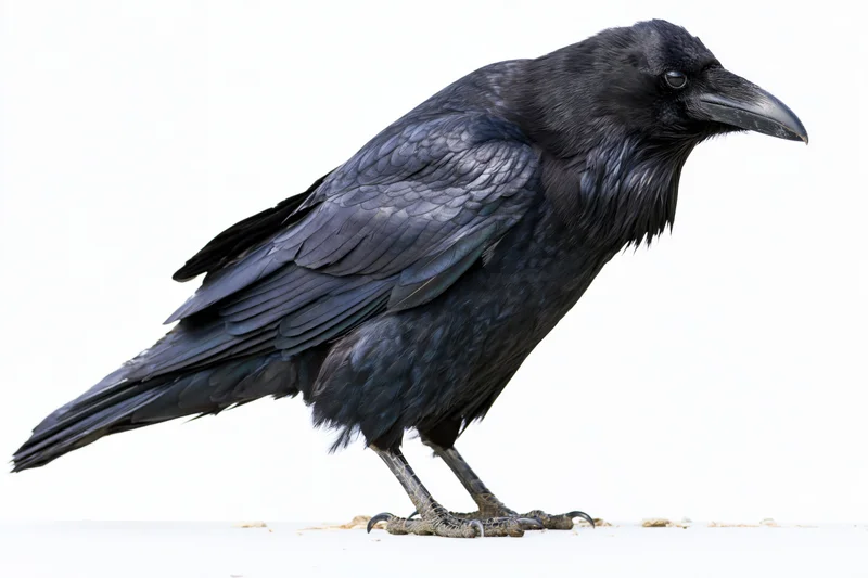 Common raven standing in profile view on white background