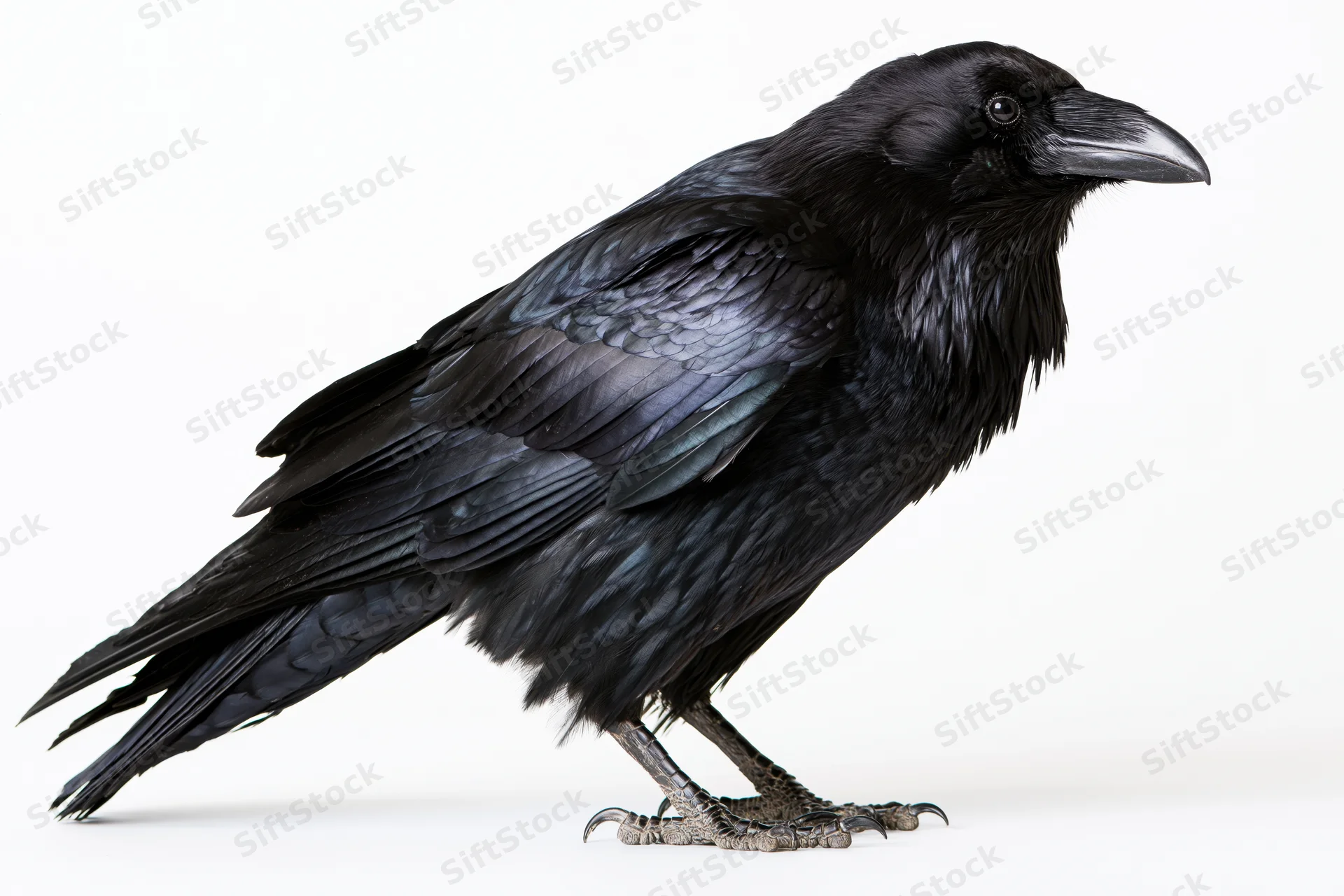 Common raven standing in profile view against white background