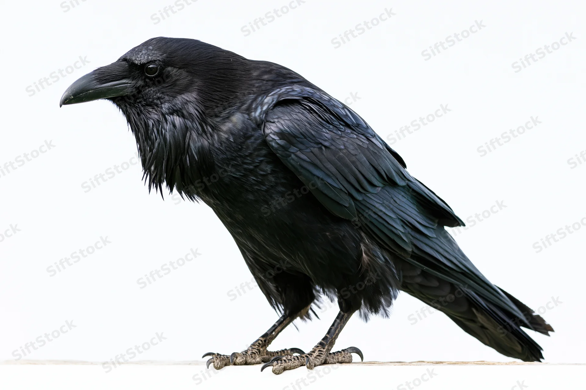 Common raven standing in profile view against white background