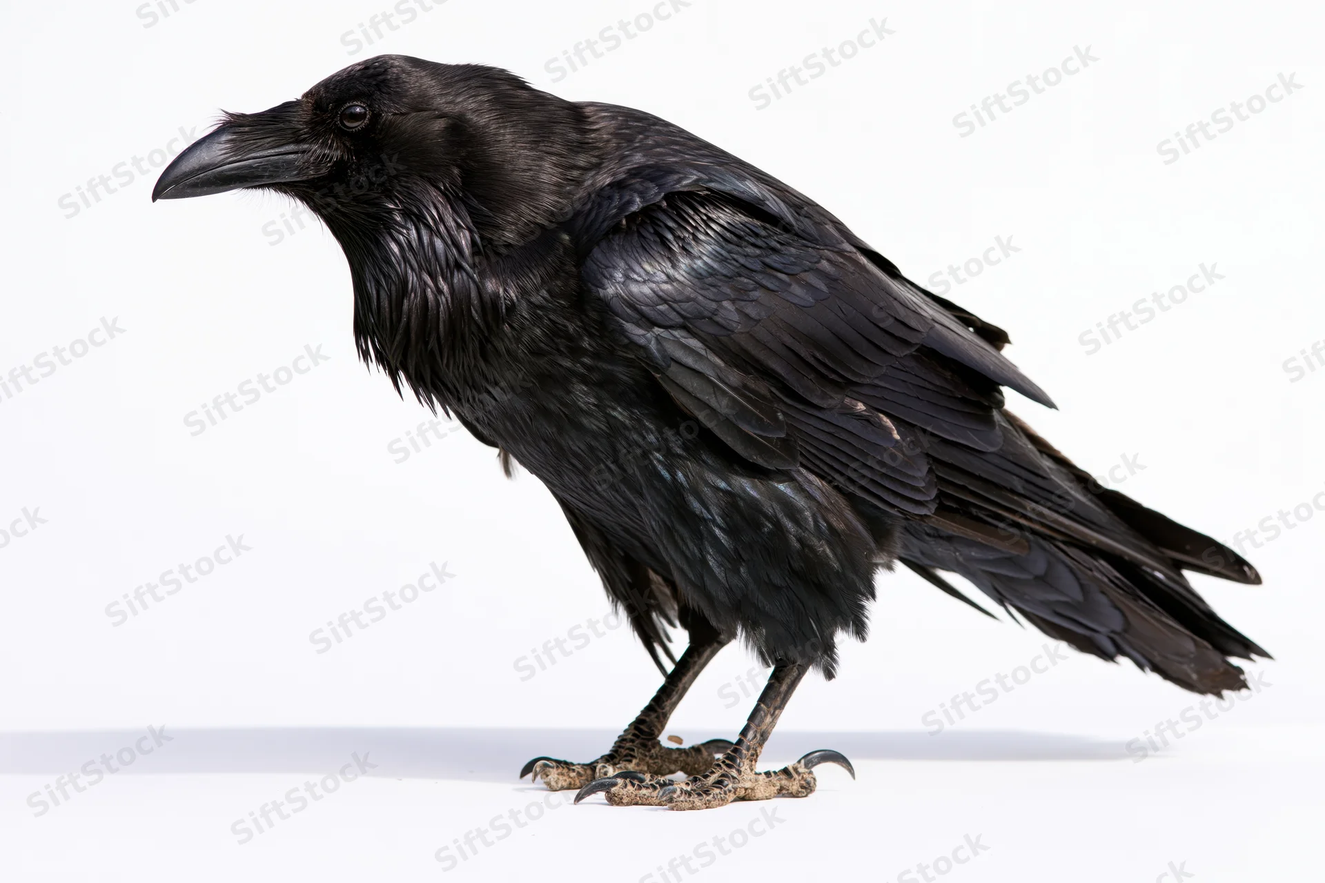 Common raven standing in profile view against white background