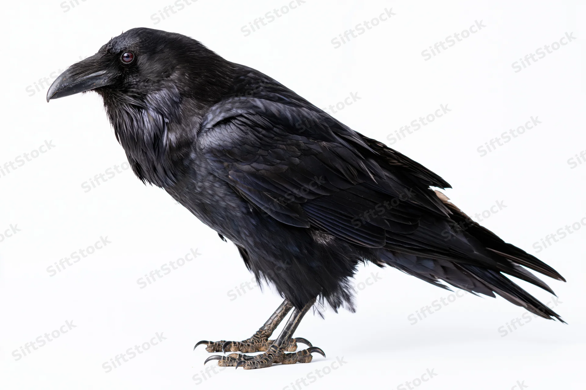 Raven standing upright on a white surface