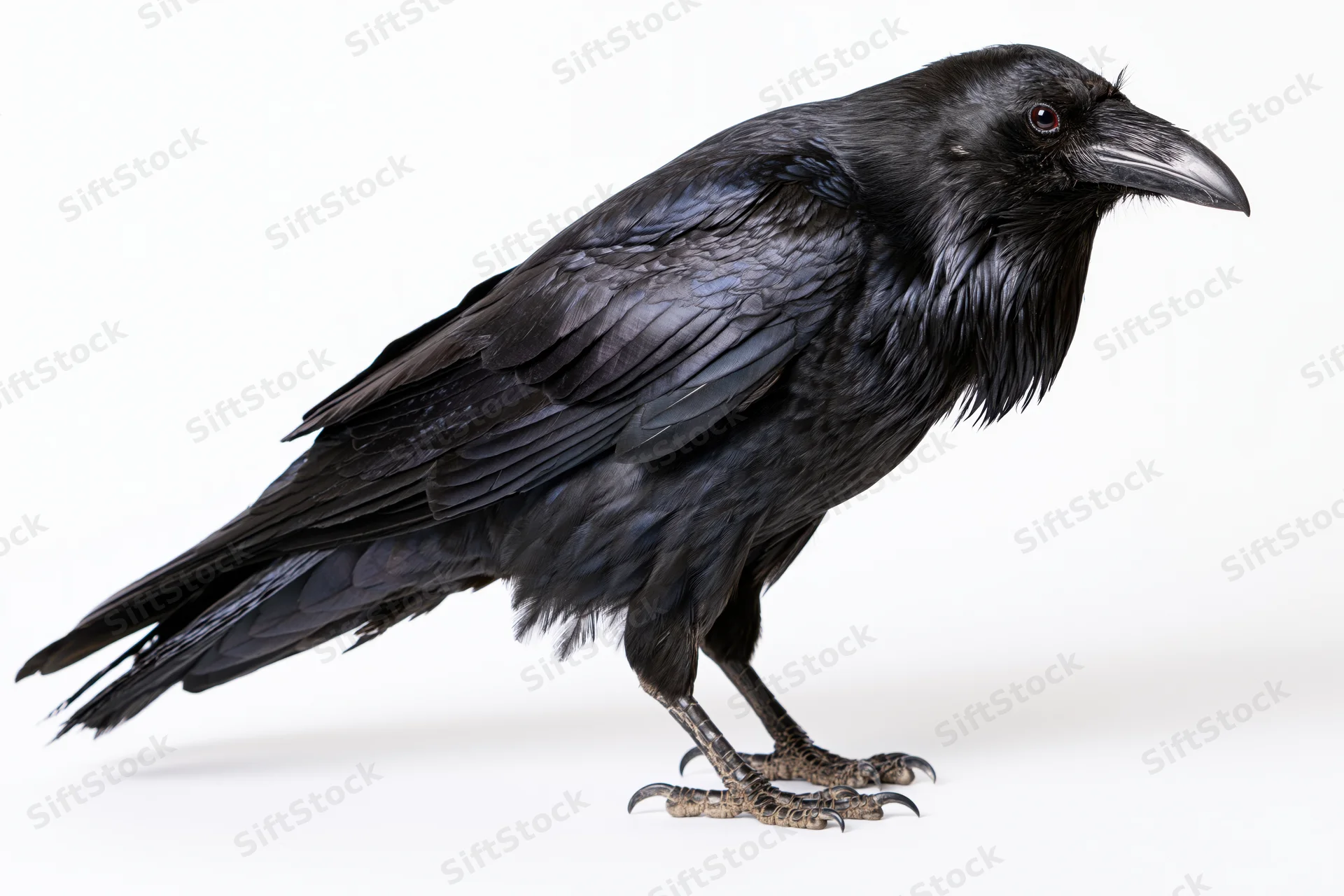 Common raven standing upright on a plain white surface full