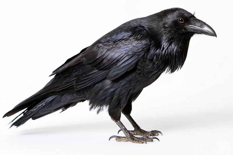 Common raven standing upright on a plain white surface full