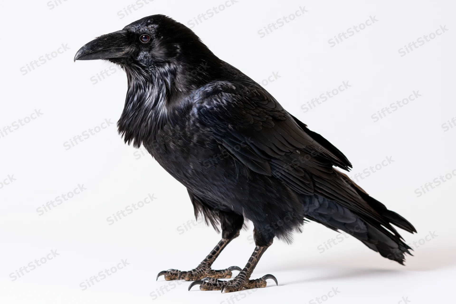 Raven standing upright in profile on a white surface