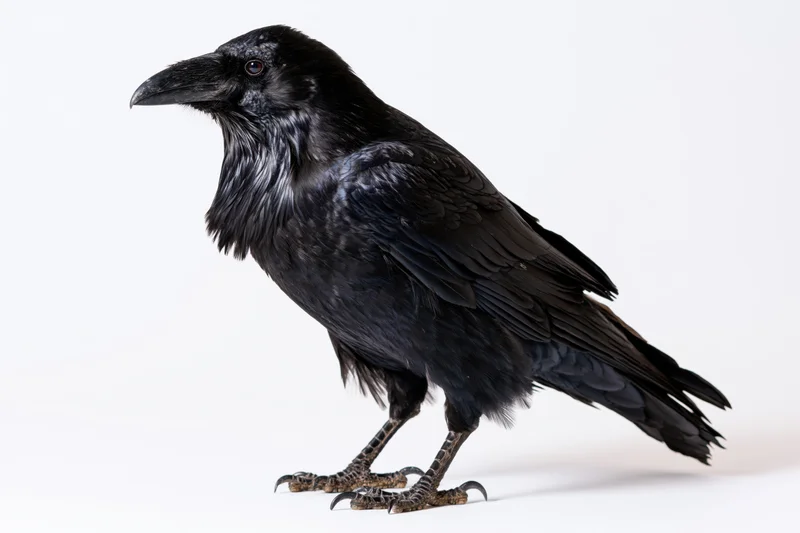 Raven standing upright in profile on a white surface