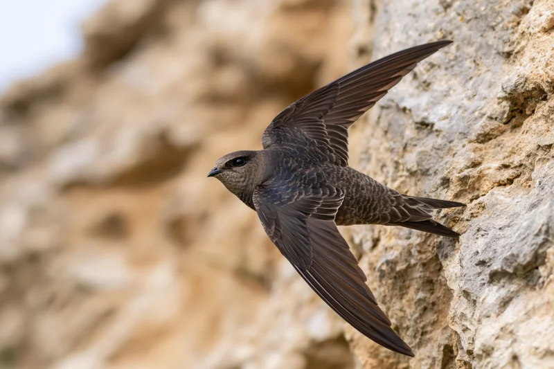 Swift in mid-flight with wings spread near rocky cliff
