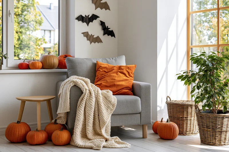 Cozy living room corner decorated for halloween with pumpkins and bats on the wall