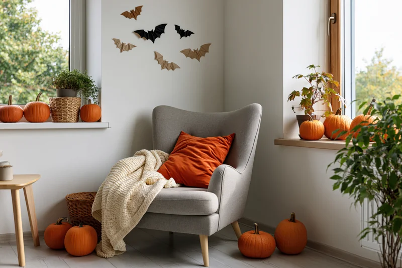 Cozy living room corner decorated for halloween with pumpkins and paper bats on the wall