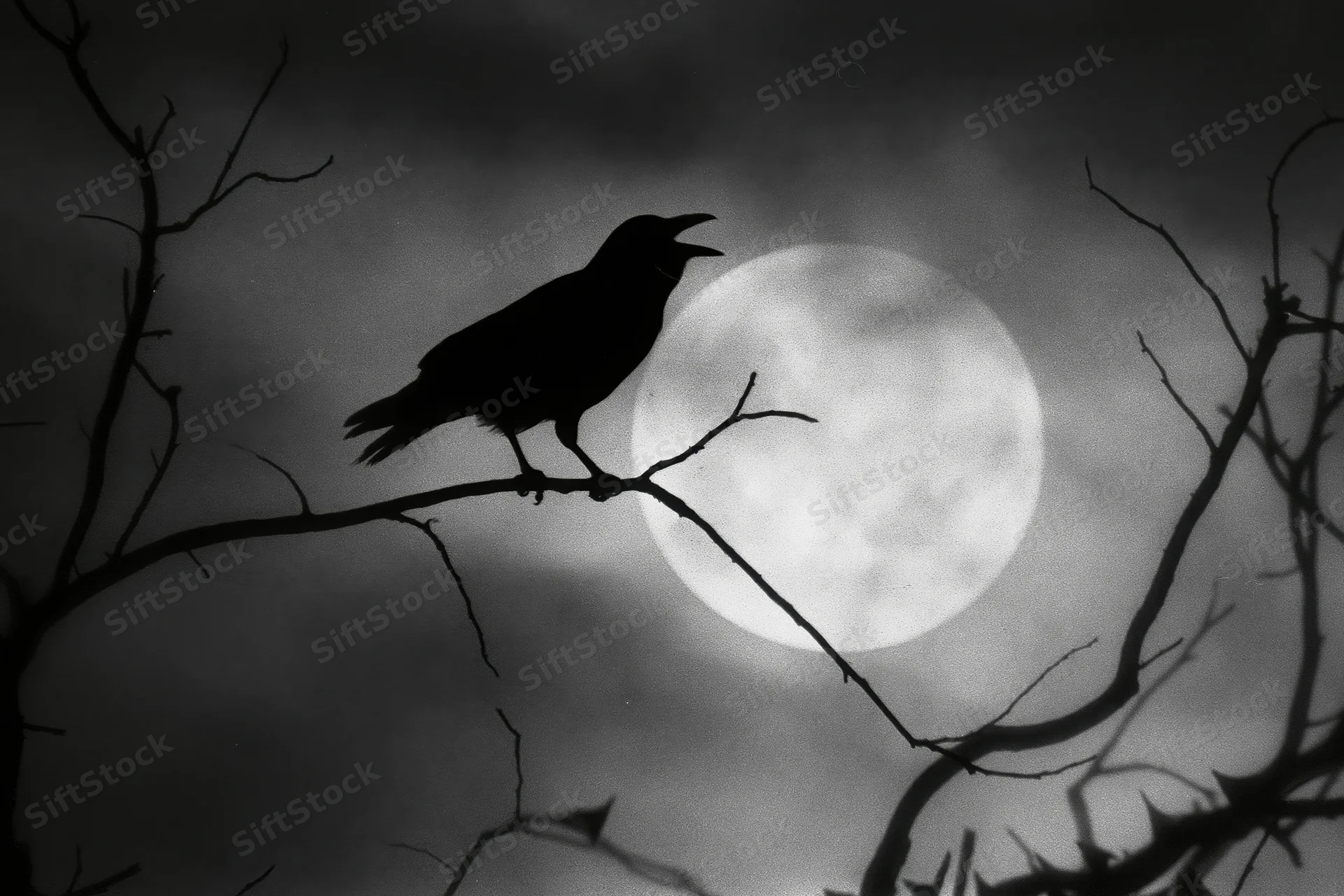 Crow perched on bare branch silhouetted against full moon at night
