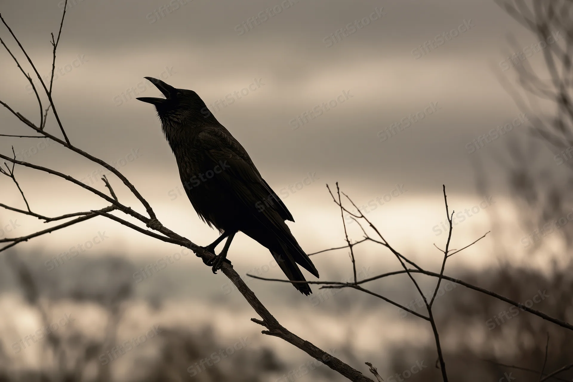 Crow perched on bare branch with open beak calling against cloudy sky