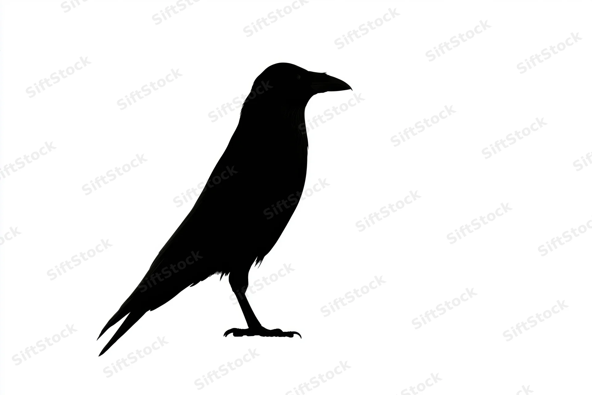Silhouette of a crow standing in profile against a white background