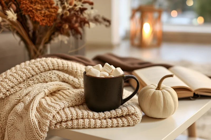 Dark ceramic mug filled with marshmallows resting on a knitted blanket beside a small white pumpkin and open book on a table near a window with a lit lantern and dried flowers in the background