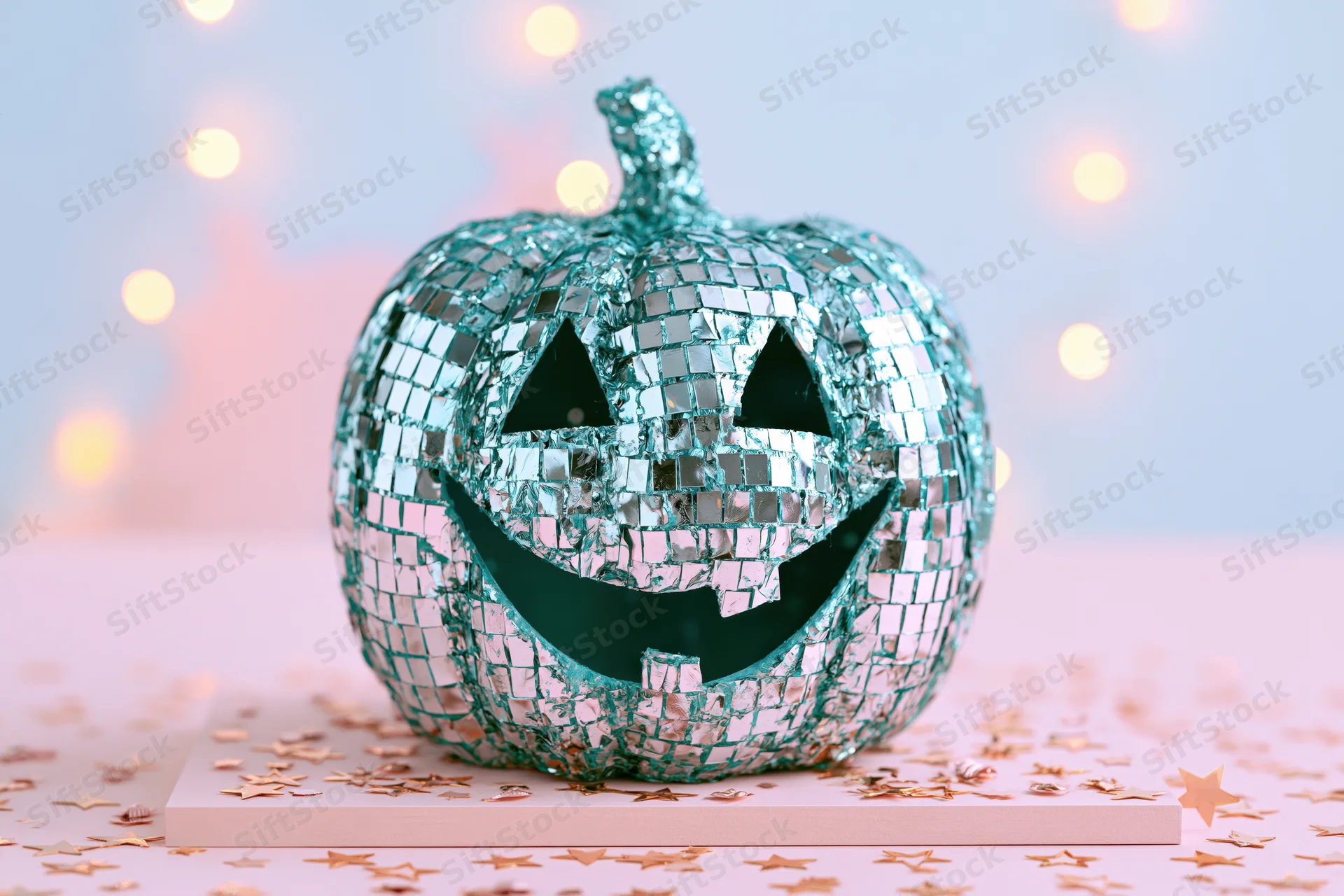 Teal disco mirror jack-o-lantern on pink surface with star confetti and bokeh lights