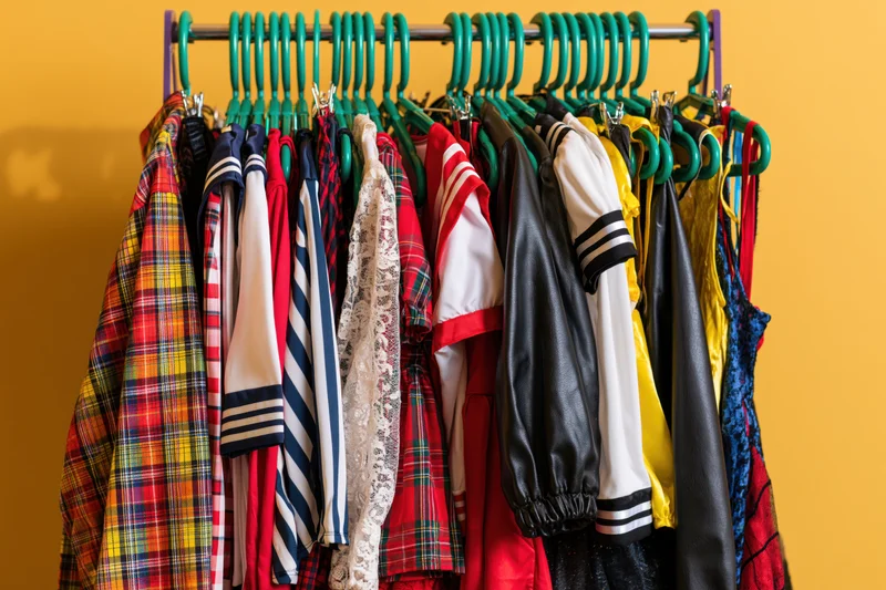 Colorful children's halloween costumes hanging on a double rack against a yellow wall