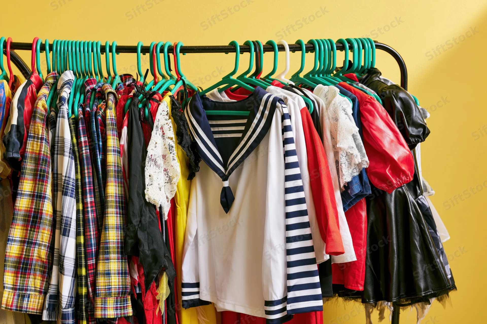 Colorful children's halloween costumes hanging on a rack against a yellow wall