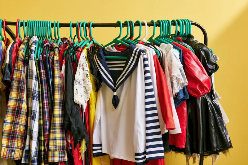 Colorful children's halloween costumes hanging on a rack against a yellow wall