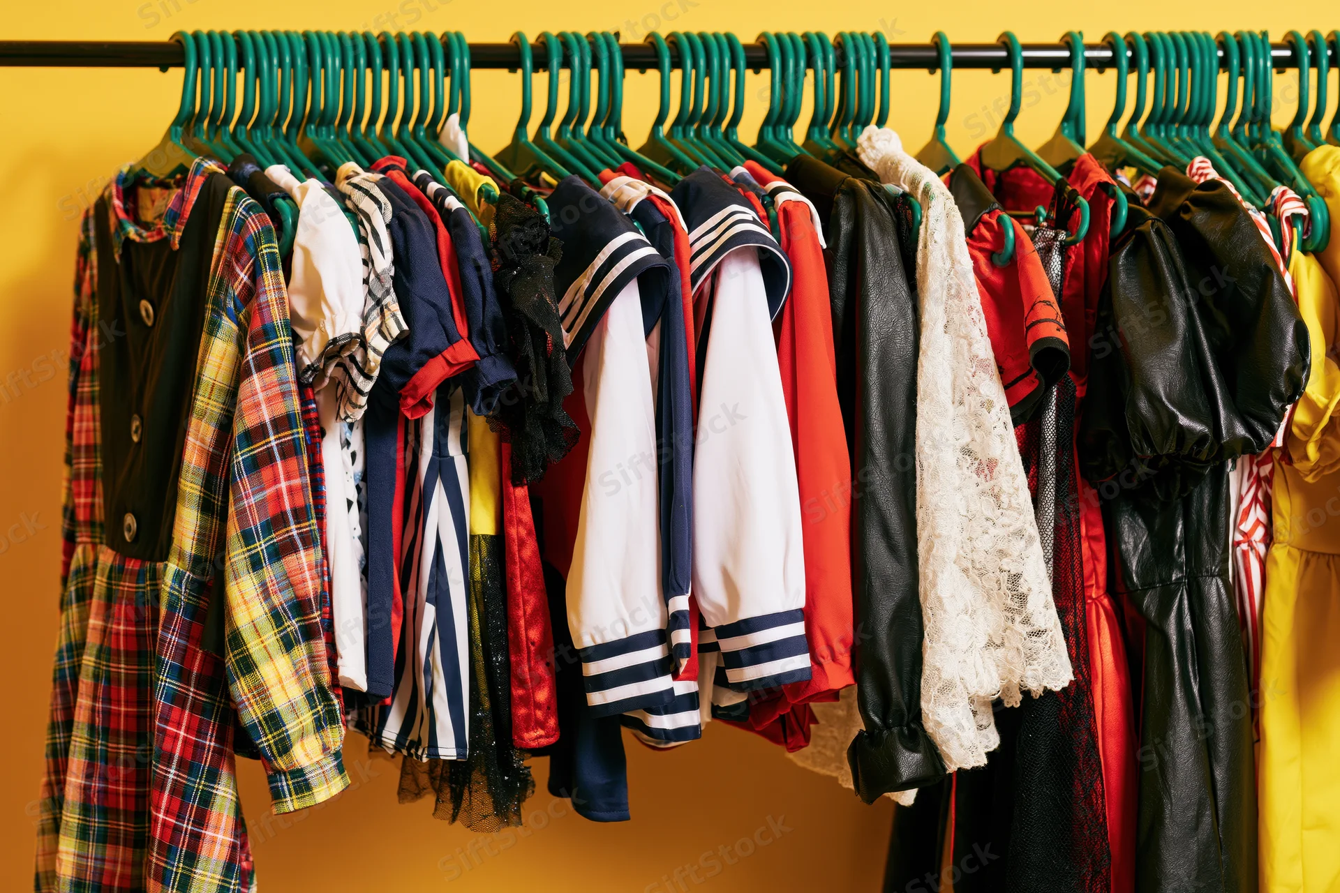 Colorful children's halloween costumes hanging on a green rack against a yellow wall