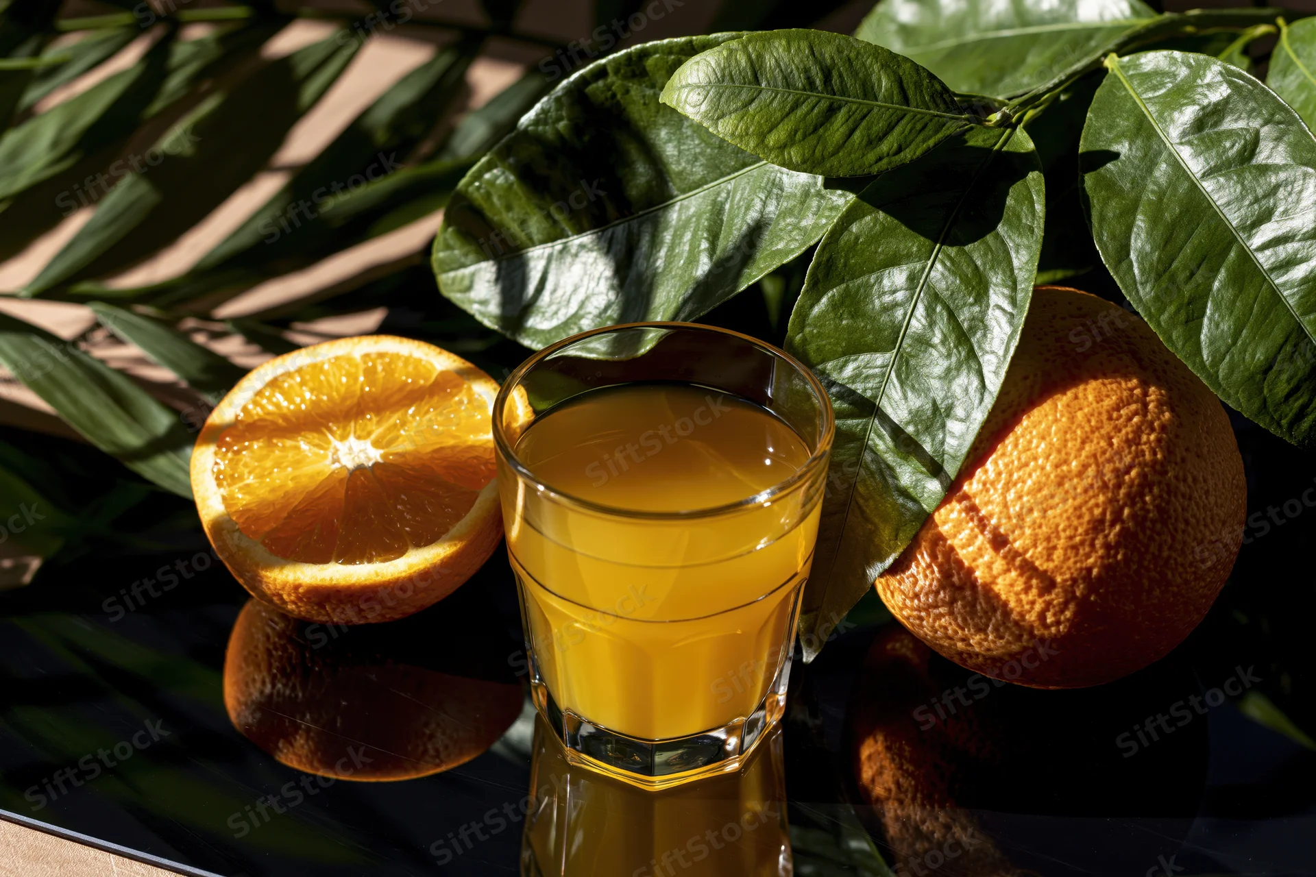 Glass of orange juice beside halved and whole oranges on dark reflective surface with green leaves in sunlight