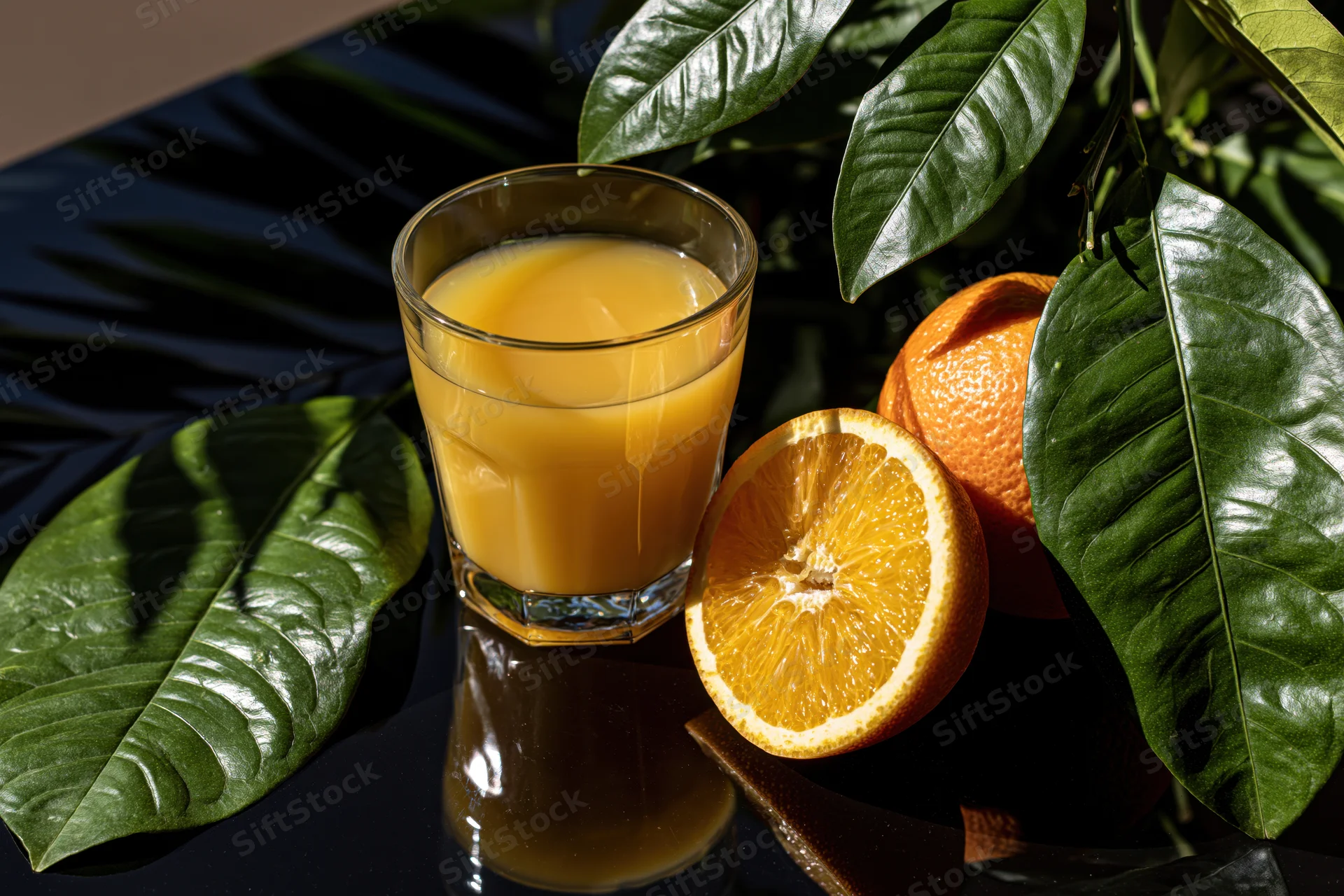 Glass of orange juice beside a halved and whole orange with green leaves on a dark reflective surface