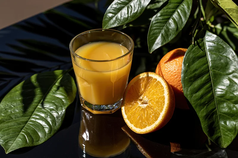 Glass of orange juice beside a halved and whole orange with green leaves on a dark reflective surface