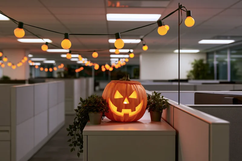 Glowing carved jack-o-lantern on cubicle desk in office decorated with string lights for halloween
