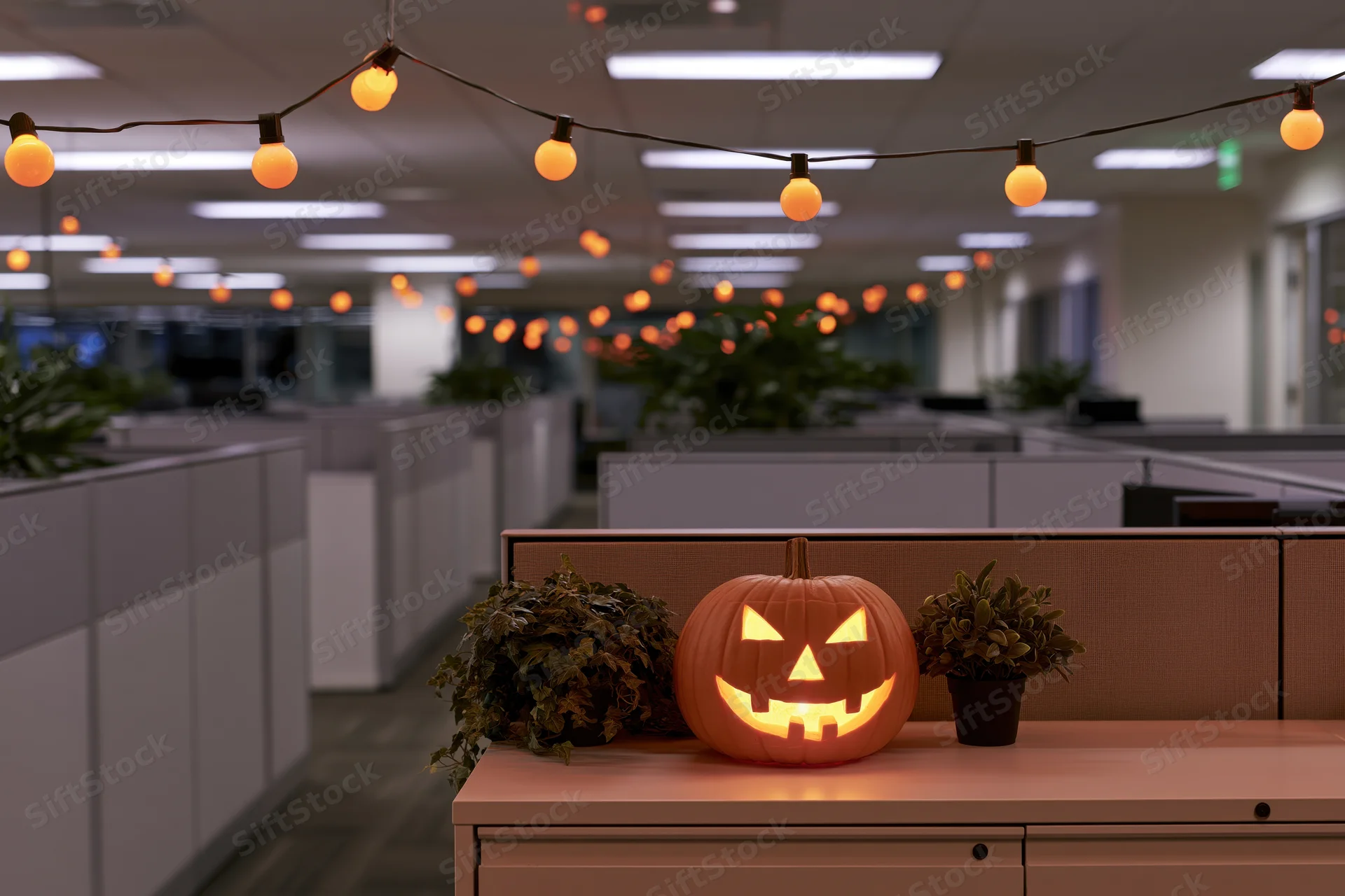 Glowing jack-o-lantern on cubicle desk in office decorated with string lights for halloween