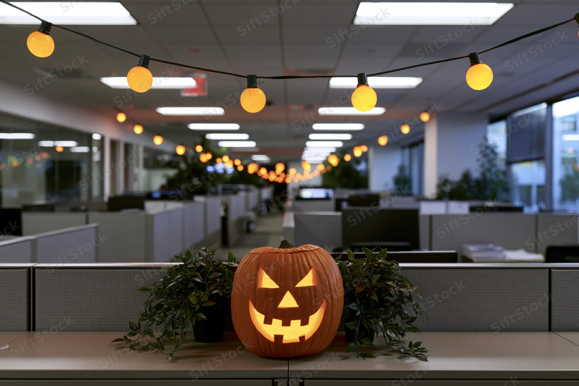 Glowing jack-o-lantern on cubicle desk in office space with string lights and plants