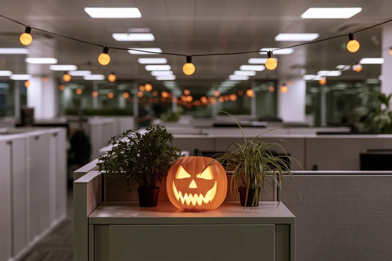 Glowing jack-o-lantern on cubicle desk in office decorated for halloween