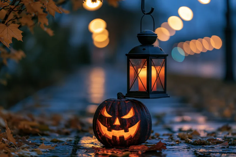 Carved jack-o-lantern glowing on wet pavement beside hanging lantern at twilight