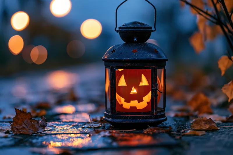 Black lantern with glowing jack-o-lantern face on wet pavement surrounded by fallen leaves at night