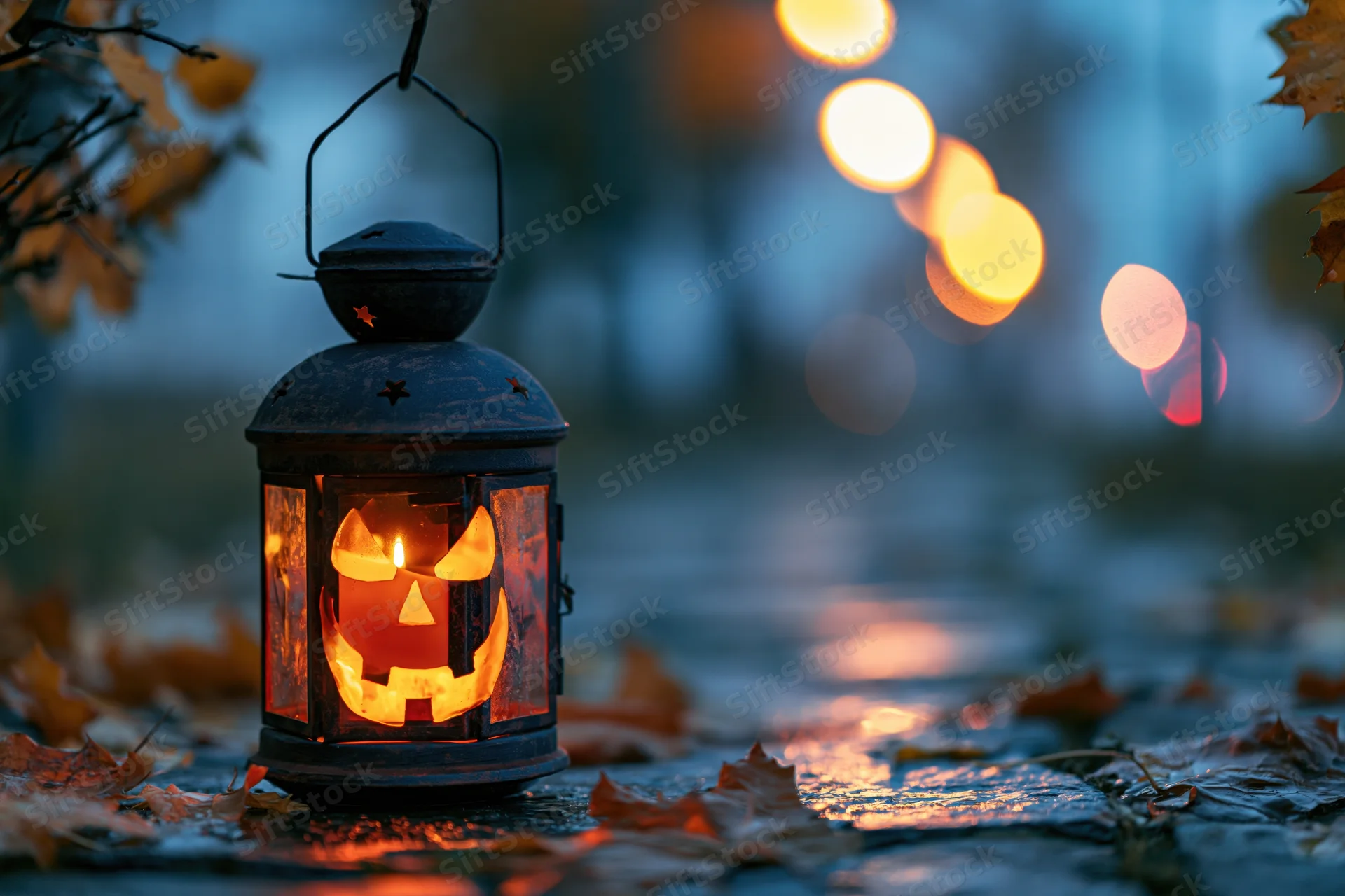 Glowing jack-o-lantern lantern on wet ground surrounded by autumn leaves at night