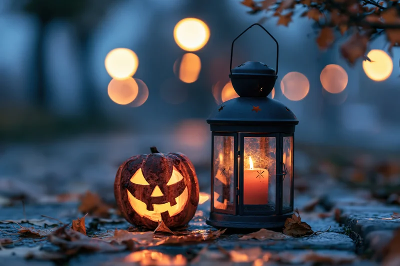 Carved jack-o-lantern and glowing lantern on cobblestone path surrounded by autumn leaves at twilight