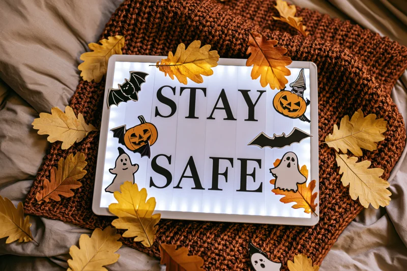 Glowing lightbox with stay safe message and halloween decorations on a knitted blanket