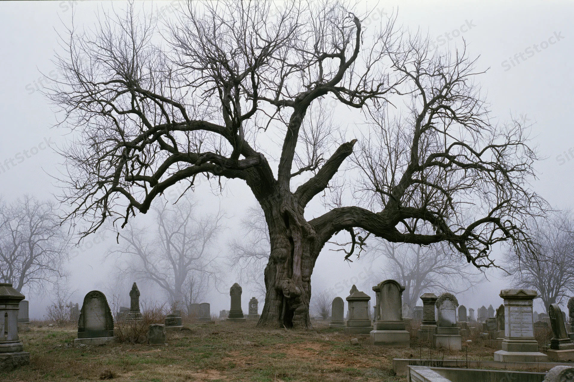 Gnarled leafless tree with twisted branches standing in a foggy cemetery among tombstones