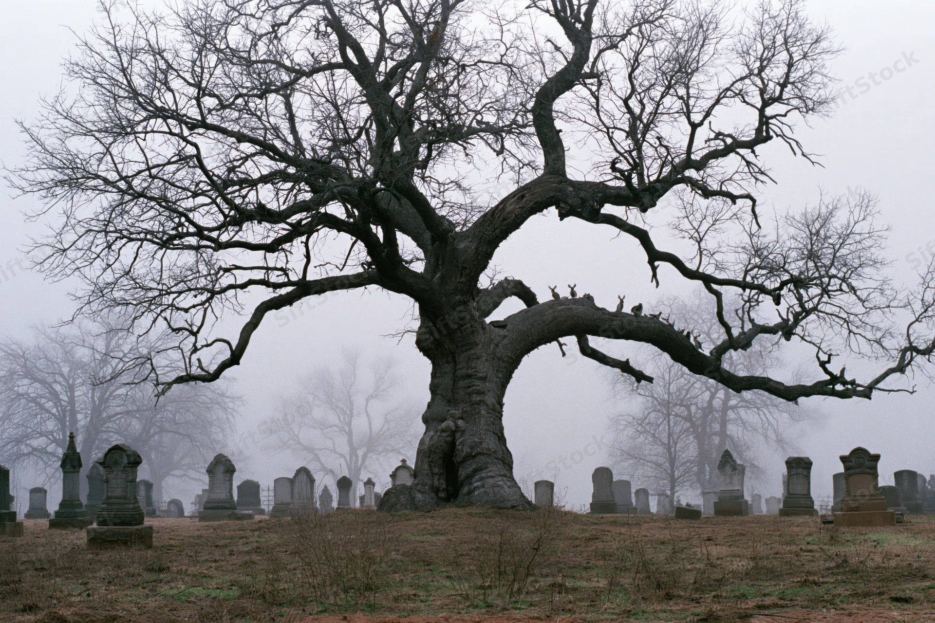 Gnarled leafless tree with twisted branches in a foggy cemetery surrounded by tombstones
